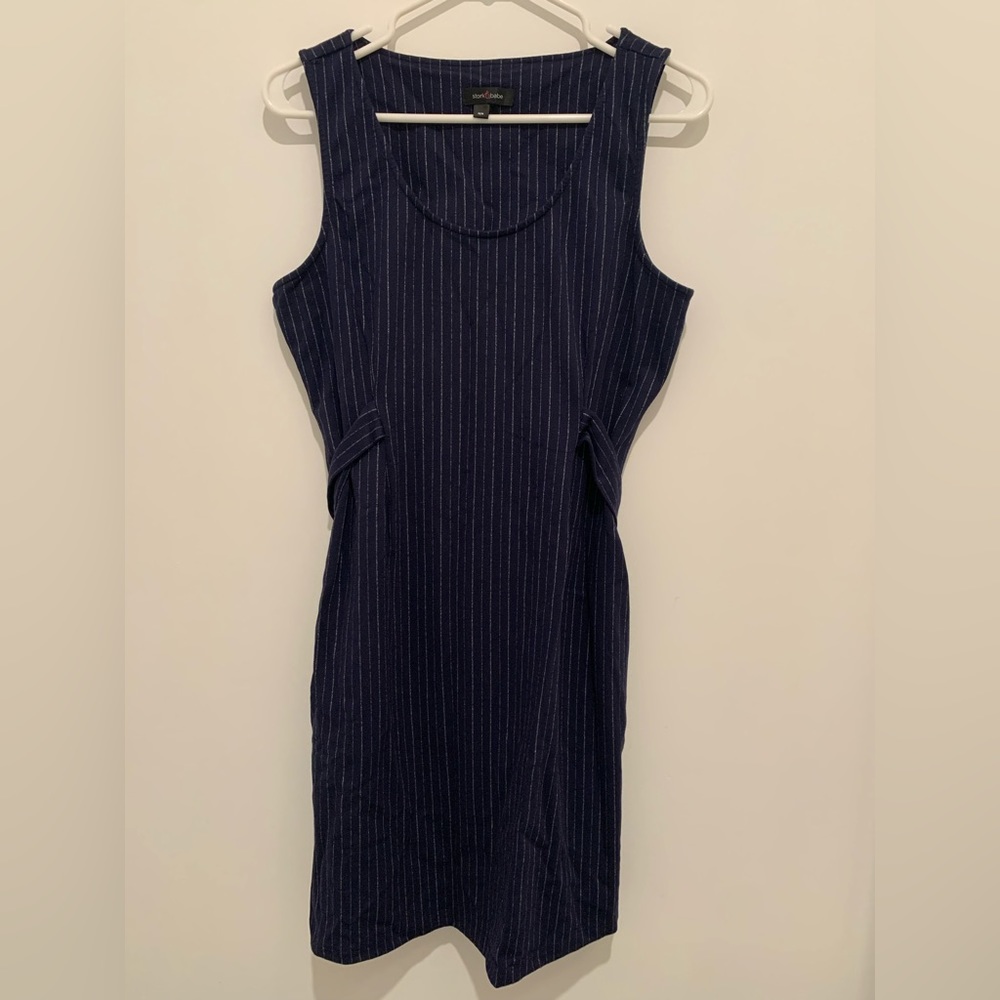 Maternity Stork and Babe navy pin stripped dress with belt, size medium